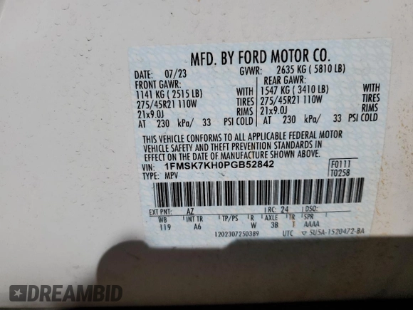 2023 Ford Explorer ST-Line with VIN 1FMSK7KH0PGB52842, listed as a Copart auction lot 88803645 with 20,888 mi miles and Salvage Title. Bid and sale history available at carsss.com. Image 16.