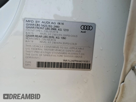 2017 Audi Q5 Premium Plus with VIN WA1L2AFP6HA016351, listed as a Copart auction lot 59000705 with 73,907 mi miles and Salvage title. Bid and sale history available at DreamBid. Image 12.