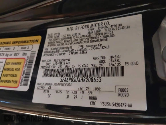 2017 Ford Fusion Titanium with VIN 3FA6P0SUXHR208653, listed as a IAAI auction lot 41312067 with 62,601 mi miles and . Bid and sale history available at DreamBid. Image 9.