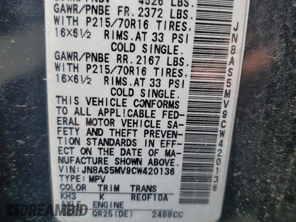 2012 Nissan Rogue S with VIN JN8AS5MV9CW420136, listed as a Copart auction lot 54349665 with 67,076 mi miles and Salvage Title. Bid and sale history available at DreamBid. Image 12.