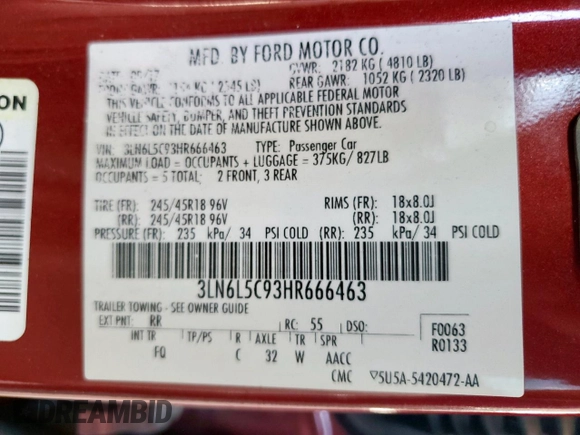 2017 Lincoln MKZ Select with VIN 3LN6L5C93HR666463, listed as a Copart auction lot 61925415 with 88,365 mi miles and Clean title. Bid and sale history available at DreamBid. Image 12.