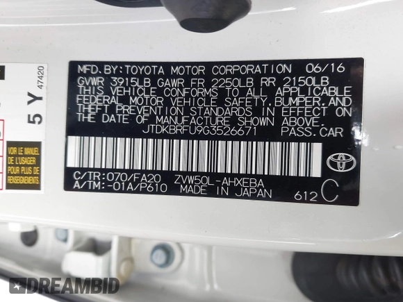 2016 Toyota Prius Two with VIN JTDKBRFU9G3526671, listed as a IAAI auction lot 41507074 with 72,484 mi miles. Bid and sale history available at carsss.com. Image 9.