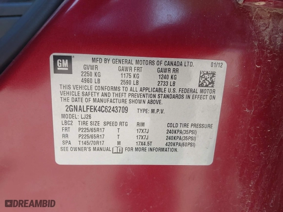 2012 Chevrolet Equinox LTZ with VIN 2GNALFEK4C6243709, listed as a IAAI auction lot 41629666 with 122,349 mi miles. Bid and sale history available at carsss.com. Image 9.