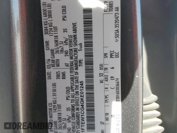 2016 Ford F-150 XL with VIN 1FTEW1CG4GKE01245, listed as a Copart auction lot 48244945 with 116,329 mi miles and Salvage Title. Bid and sale history available at DreamBid. Image 12.
