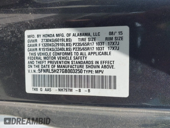 2016 Honda Odyssey LX with VIN 5FNRL5H27GB003250, listed as a IAAI auction lot 42103335 with 151,516 mi miles and . Bid and sale history available at DreamBid. Image 9.