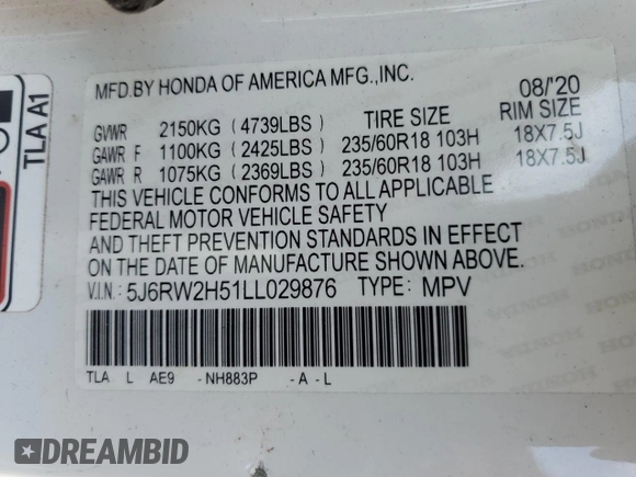2020 Honda CR-V EX z VIN 5J6RW2H51LL029876, wystawiony jako Copart lot #55348485 z przebiegiem Nie podano mil oraz Szkoda całkowita • Salvage title. Historia ofert i sprzedaży dostępna na DreamBid. Obrazek 13.
