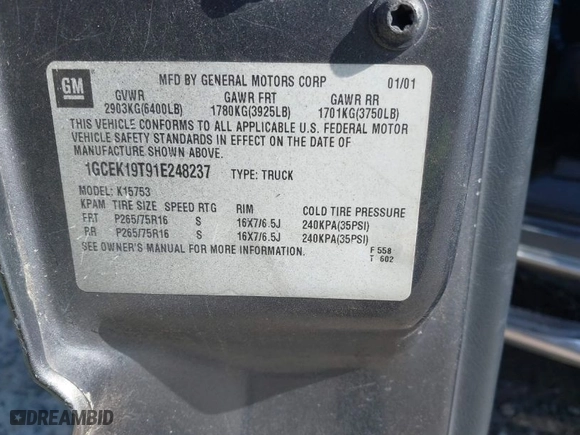 2001 Chevrolet Silverado 1500 LS with VIN 1GCEK19T91E248237, listed as a IAAI auction lot 41915406 with 1 mi miles. Bid and sale history available at carsss.com. Image 9.