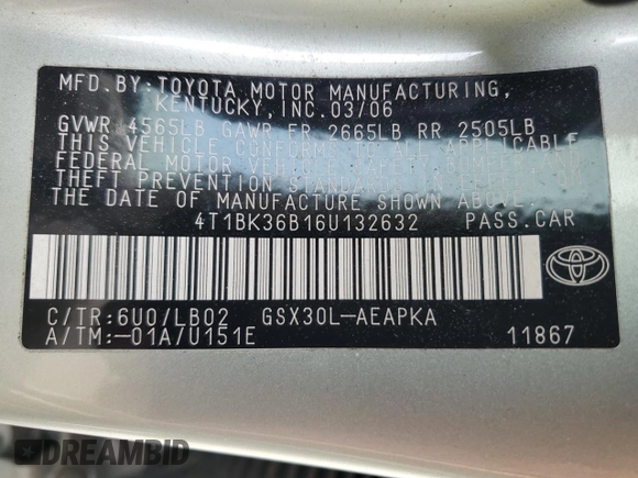 2006 Toyota Avalon XL z VIN 4T1BK36B16U132632, wystawiony jako Copart lot #54135225 z przebiegiem 153 679 mil mil oraz Szkoda całkowita • Salvage title. Historia ofert i sprzedaży dostępna na DreamBid. Obrazek 12.