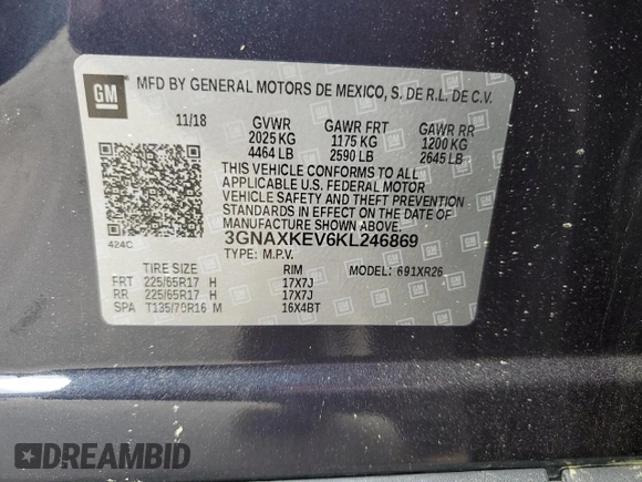 2019 Chevrolet Equinox LT with VIN 3GNAXKEV6KL246869, listed as a Copart auction lot 51476835 with 55,674 mi miles and Salvage Title. Bid and sale history available at DreamBid. Image 13.