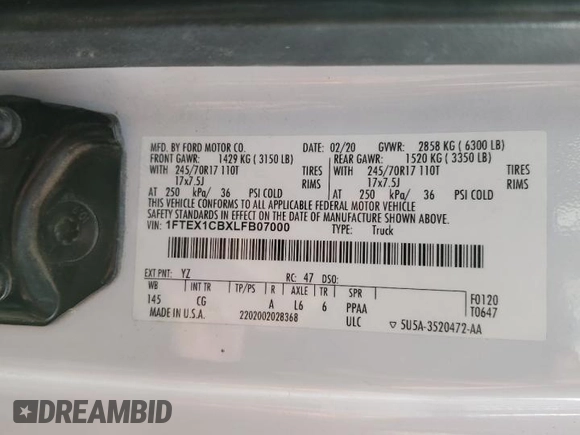 2020 Ford F-150 XL with VIN 1FTEX1CBXLFB07000, listed as a Copart auction lot 44165245 with 138,554 mi miles and Salvage Title. Bid and sale history available at DreamBid. Image 12.
