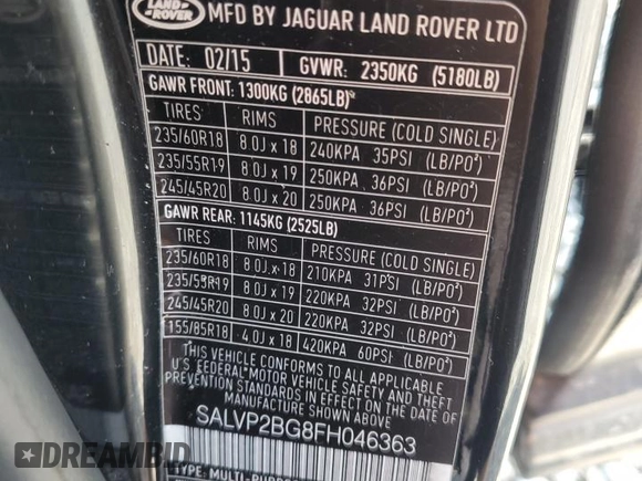2015 Land Rover Range Rover Evoque Pure Plus with VIN SALVP2BG8FH046363, listed as a Copart auction lot 63796825 with 122,124 mi miles and Salvage title. Bid and sale history available at DreamBid. Image 13.