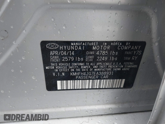 2014 Hyundai Azera Limited with VIN KMHFH4JG7EA388931, listed as a IAAI auction lot 41468407 with 130,597 mi miles and . Bid and sale history available at DreamBid. Image 9.