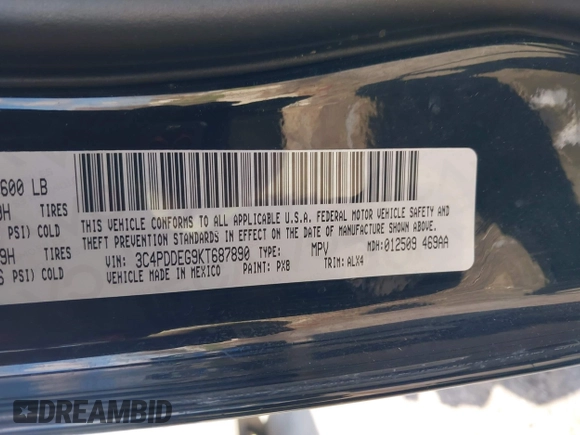2019 Dodge Journey GT with VIN 3C4PDDEG9KT687890, listed as a IAAI auction lot 42050097 with 74,369 mi miles and . Bid and sale history available at DreamBid. Image 9.