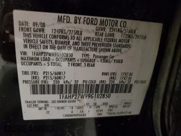 2009 Ford Taurus SEL with VIN 1FAHP27W99G102850, listed as a Copart auction lot 50009975 with 184,829 mi miles and Salvage Title. Bid and sale history available at carsss.com. Image 13.