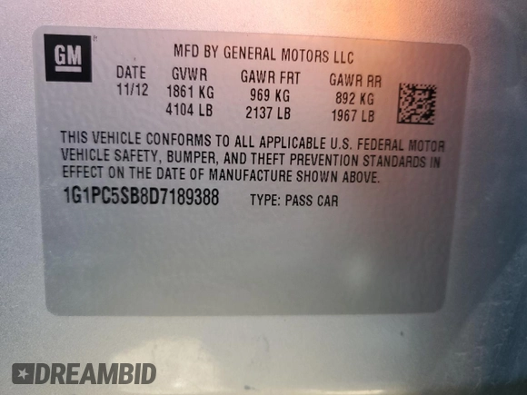 2013 Chevrolet Cruze 1LT with VIN 1G1PC5SB8D7189388, listed as a Copart auction lot 52113435 with 103,455 mi miles and Clean Title. Bid and sale history available at carsss.com. Image 12.