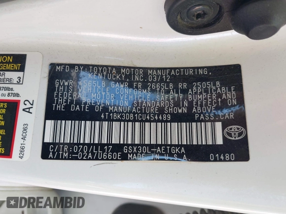2012 Toyota Avalon with VIN 4T1BK3DB1CU454489, listed as a IAAI auction lot 42230293 with 197,117 mi miles and . Bid and sale history available at DreamBid. Image 9.