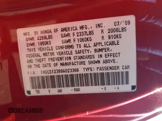 2009 Honda Accord LX-S with VIN 1HGCS12399A023368, listed as a Copart auction lot 52575845 with 245,488 mi miles and Salvage Title. Bid and sale history available at DreamBid. Image 13.