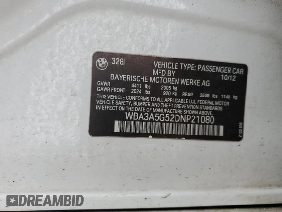 2013 BMW 3 Series 328i with VIN WBA3A5G52DNP21080, listed as a Copart auction lot 46745965 with 135,108 mi miles and Salvage Title. Bid and sale history available at carsss.com. Image 12.