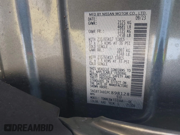 2023 Nissan Rogue S with VIN 5N1BT3AB1PC898128, listed as a IAAI auction lot 42549927 with 26,250 mi miles and . Bid and sale history available at DreamBid. Image 9.