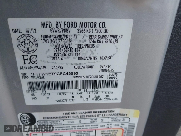 2012 Ford F-150 XL with VIN 1FTFW1ET9CFC43695, listed as a IAAI auction lot 42360004 with 336,479 mi miles and . Bid and sale history available at DreamBid. Image 9.