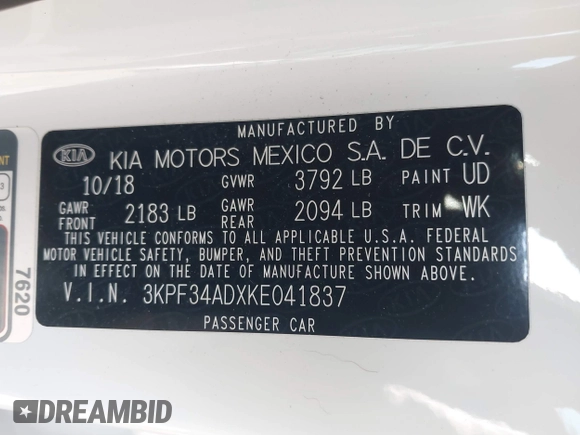2019 Kia Forte S with VIN 3KPF34ADXKE041837, listed as a IAAI auction lot 41634799 with 106,361 mi miles. Bid and sale history available at carsss.com. Image 9.