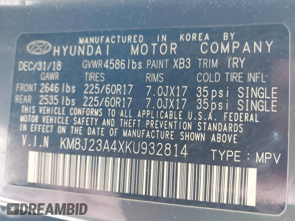 2019 Hyundai Tucson SE with VIN KM8J23A4XKU932814, listed as a IAAI auction lot 40968319 with 107,365 mi miles. Bid and sale history available at carsss.com. Image 9.