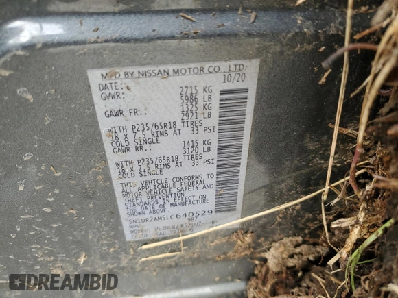 2020 Nissan Pathfinder S with VIN 5N1DR2AM5LC640529, listed as a Copart auction lot 45273575 with 114,219 mi miles and Salvage title. Bid and sale history available at DreamBid. Image 14.