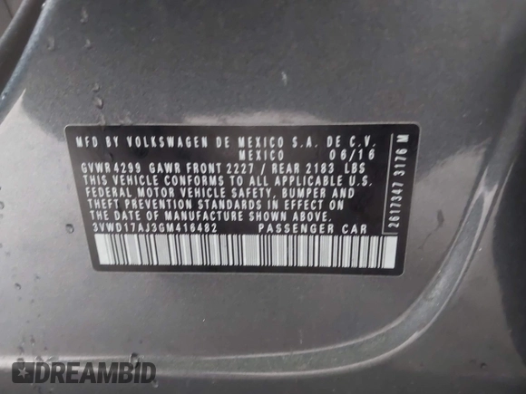2016 Volkswagen Jetta Sport z VIN 3VWD17AJ3GM416482, wystawiony jako IAAI lot #41653790 z przebiegiem 109 380 mil mil oraz . Historia ofert i sprzedaży dostępna na DreamBid. Obrazek 9.