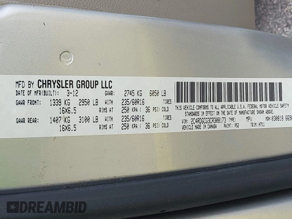2012 Dodge Grand Caravan SXT with VIN 2C4RDGCG3CR308173, listed as a IAAI auction lot 42255879 with 96,489 mi miles and . Bid and sale history available at DreamBid. Image 9.