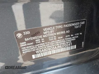 2018 BMW 3 Series 330i xDrive with VIN WBA8D9G54JNU70241, listed as a IAAI auction lot 42226428 with Not provided miles and . Bid and sale history available at DreamBid. Image 9.