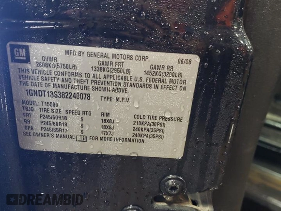 2008 Chevrolet TrailBlazer 1LT with VIN 1GNDT13S382240078, listed as a Copart auction lot 88852735 with 175,888 mi miles and Salvage Title. Bid and sale history available at DreamBid. Image 12.