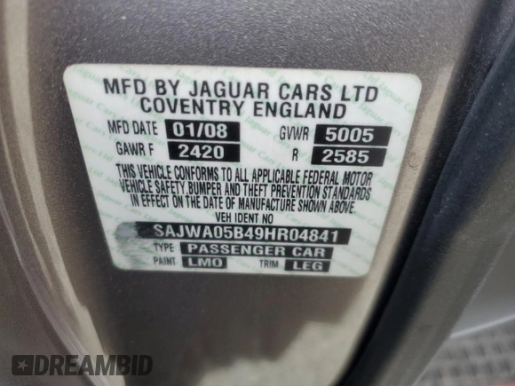 2009 Jaguar XF Luxury with VIN SAJWA05B49HR04841, listed as a Copart auction lot 50539045 with 123,870 mi miles and Salvage Title. Bid and sale history available at DreamBid. Image 12.