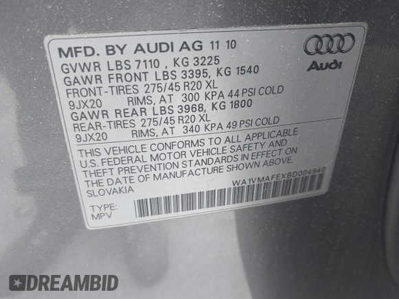2011 Audi Q7 Prestige with VIN WA1VMAFEXBD004940, listed as a IAAI auction lot 42399343 with 159,803 mi miles and . Bid and sale history available at DreamBid. Image 9.
