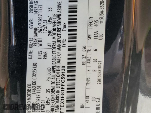 2015 Ford F-150 XLT with VIN 1FTEX1E81FFC59138, listed as a Copart auction lot 64074145 with 186,962 mi miles and Salvage title. Bid and sale history available at DreamBid. Image 12.
