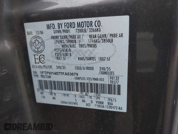 2007 Ford F-150 XLT with VIN 1FTPW14577FA53679, listed as a IAAI auction lot 41885742 with 156,898 mi miles. Bid and sale history available at carsss.com. Image 9.