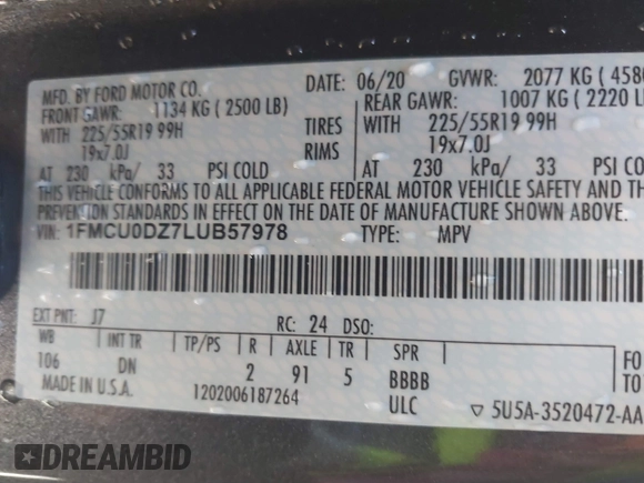 2020 Ford Escape Titanium Hybrid z VIN 1FMCU0DZ7LUB57978, wystawiony jako IAAI lot #41570242 z przebiegiem 32 819 mil mil oraz . Historia ofert i sprzedaży dostępna na DreamBid. Obrazek 9.