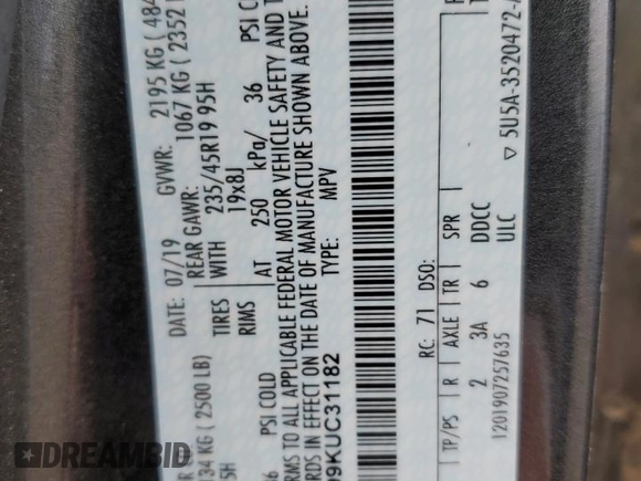 2019 Ford Escape Titanium z VIN 1FMCU9J99KUC31182, wystawiony jako Copart lot #60972815 z przebiegiem 94 464 mil mil oraz Szkoda całkowita • Salvage title. Historia ofert i sprzedaży dostępna na DreamBid. Obrazek 13.