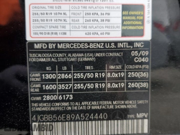 2009 Mercedes-Benz M 3.5L with VIN 4JGBB56E89A524440, listed as a Copart auction lot 43082805 with 185,084 mi miles and Salvage Title. Bid and sale history available at carsss.com. Image 13.