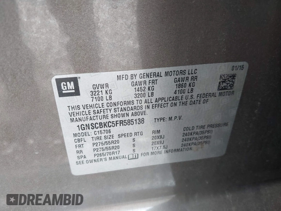 2015 Chevrolet Tahoe LT with VIN 1GNSCBKC5FR585138, listed as a IAAI auction lot 42420496 with 177,104 mi miles and . Bid and sale history available at DreamBid. Image 9.