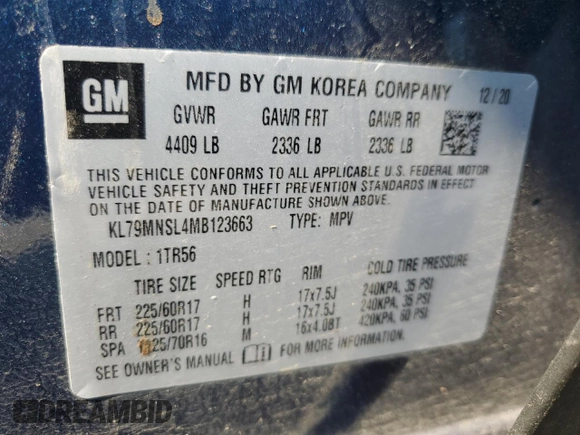 2021 Chevrolet TrailBlazer LS with VIN KL79MNSL4MB123663, listed as a Copart auction lot 69969144 with 30,519 mi miles and Salvage Title. Bid and sale history available at DreamBid. Image 13.