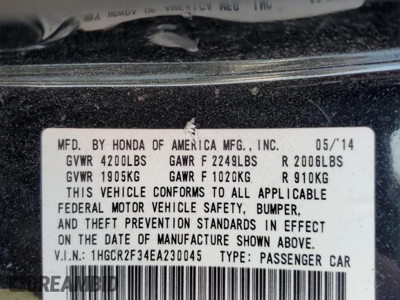 2014 Honda Accord Sedan LX with VIN 1HGCR2F34EA230045, listed as a Copart auction lot 54448135 with 180,656 mi miles and Salvage Title. Bid and sale history available at carsss.com. Image 12.