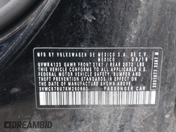 2019 Volkswagen Jetta S with VIN 3VWC57BU7KM260660, listed as a IAAI auction lot 42454142 with 36,805 mi miles and . Bid and sale history available at DreamBid. Image 9.