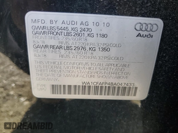 2011 Audi Q5 Premium with VIN WA1CFAFP4BA047433, listed as a Copart auction lot 54708345 with 124,623 mi miles and Clean title. Bid and sale history available at DreamBid. Image 13.