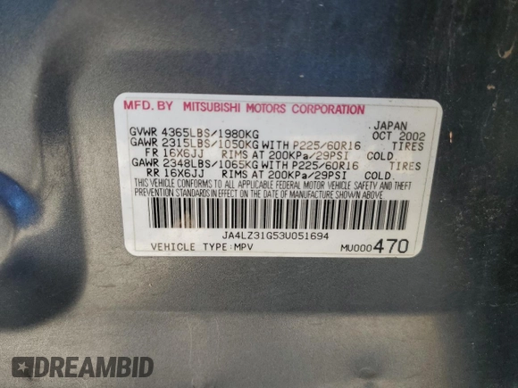 2003 Mitsubishi Outlander LS with VIN JA4LZ31G53U051694, listed as a Copart auction lot 79467594 with 0 mi miles and Salvage Title. Bid and sale history available at carsss.com. Image 14.