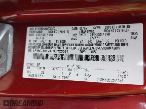 2016 Ford Escape S with VIN 1FMCU0F74GUC23033, listed as a IAAI auction lot 42018080 with 77,079 mi miles. Bid and sale history available at carsss.com. Image 9.