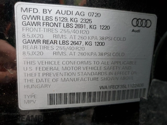 2020 Audi Q3 S line Prestige with VIN WA1FECF35L1122408, listed as a Copart auction lot 82124404 with 29,350 mi miles and Salvage Title. Bid and sale history available at carsss.com. Image 13.