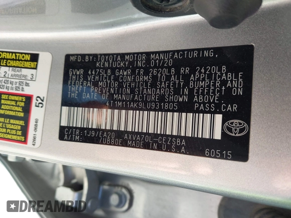 2020 Toyota Camry SE z VIN 4T1M11AK9LU931805, wystawiony jako IAAI lot #40946035 z przebiegiem 82 687 mil mil oraz . Historia ofert i sprzedaży dostępna na DreamBid. Obrazek 9.