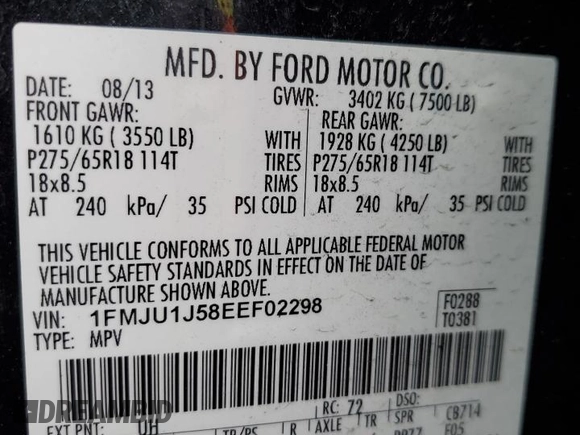 2014 Ford Expedition King Ranch with VIN 1FMJU1J58EEF02298, listed as a Copart auction lot 58672445 with 127,867 mi miles and Salvage title. Bid and sale history available at DreamBid. Image 13.