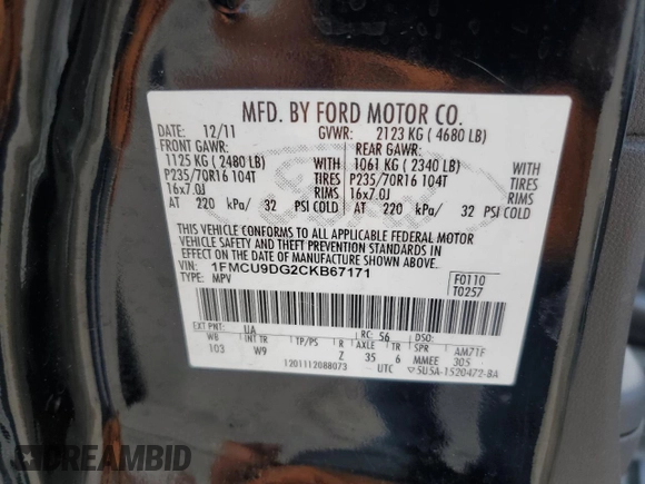 2012 Ford Escape XLT с VIN 1FMCU9DG2CKB67171, выставлен на аукционе Copart как лот 61989625 с пробегом Не указан миль и Списание • Salvage title. История ставок и продаж доступна на DreamBid. Изображение 14.