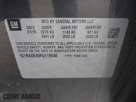 2015 Chevrolet Volt with VIN 1G1RA6E49FU119548, listed as a IAAI auction lot 41993102 with 169,565 mi miles and . Bid and sale history available at DreamBid. Image 9.